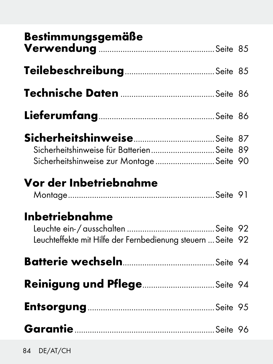 Bestimmungsgemäße verwendung, Teilebeschreibung, Technische daten | Lieferumfang, Sicherheitshinweise, Vor der inbetriebnahme, Inbetriebnahme, Batterie wechseln, Reinigung und pflege, Entsorgung | Livarno 102618-14-01-BS User Manual | Page 84 / 101