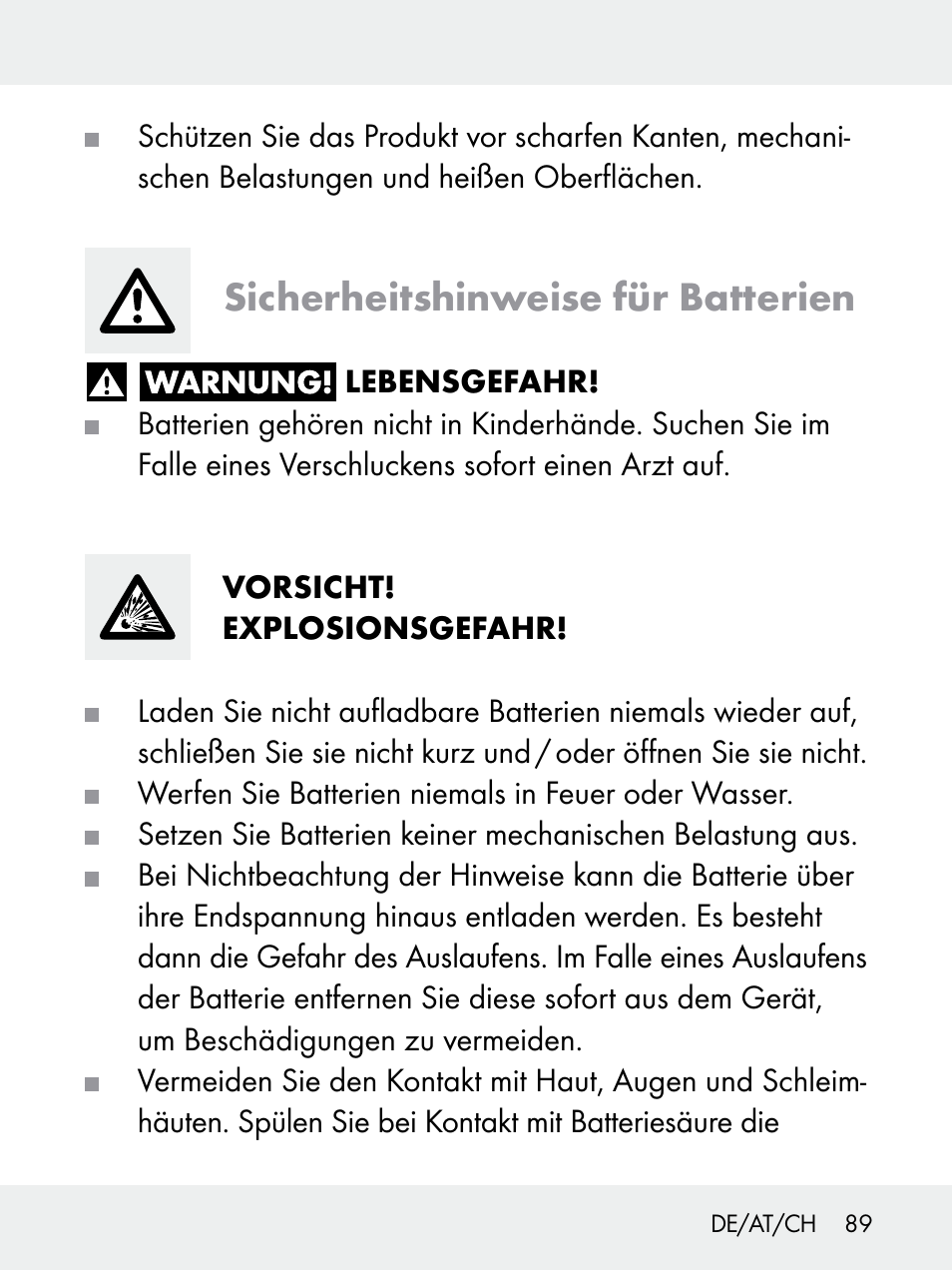 Sicherheitshinweise für batterien | Livarno 102618-14-01-BS User Manual | Page 89 / 101