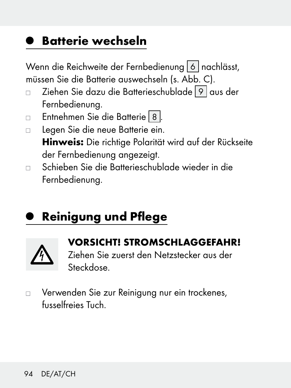 Batterie wechseln, Reinigung und pflege | Livarno 102618-14-01-BS User Manual | Page 94 / 101