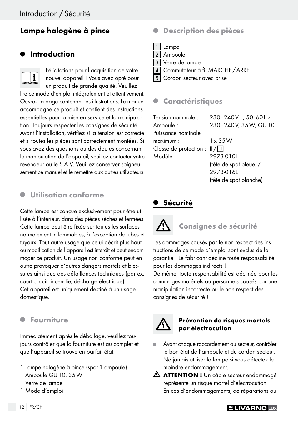Lampe halogène à pince, Introduction, Utilisation conforme | Fourniture, Description des pièces, Caractéristiques, Sécurité, Consignes de sécurité | Livarno 2973-01хE User Manual | Page 12 / 37