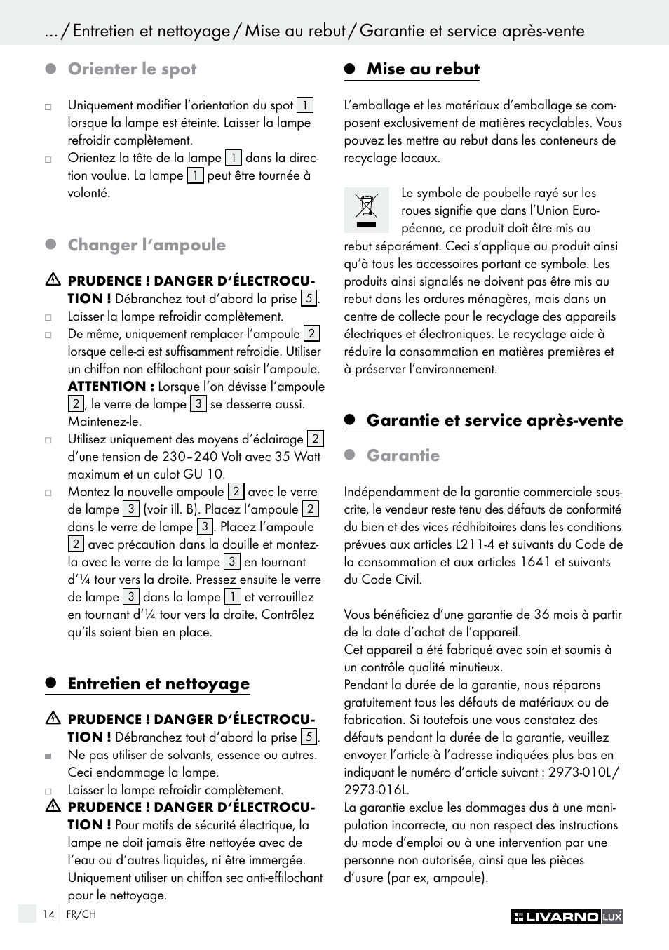 Orienter le spot, Changer l‘ampoule, Entretien et nettoyage | Mise au rebut, Garantie et service après-vente, Garantie | Livarno 2973-01хE User Manual | Page 14 / 37
