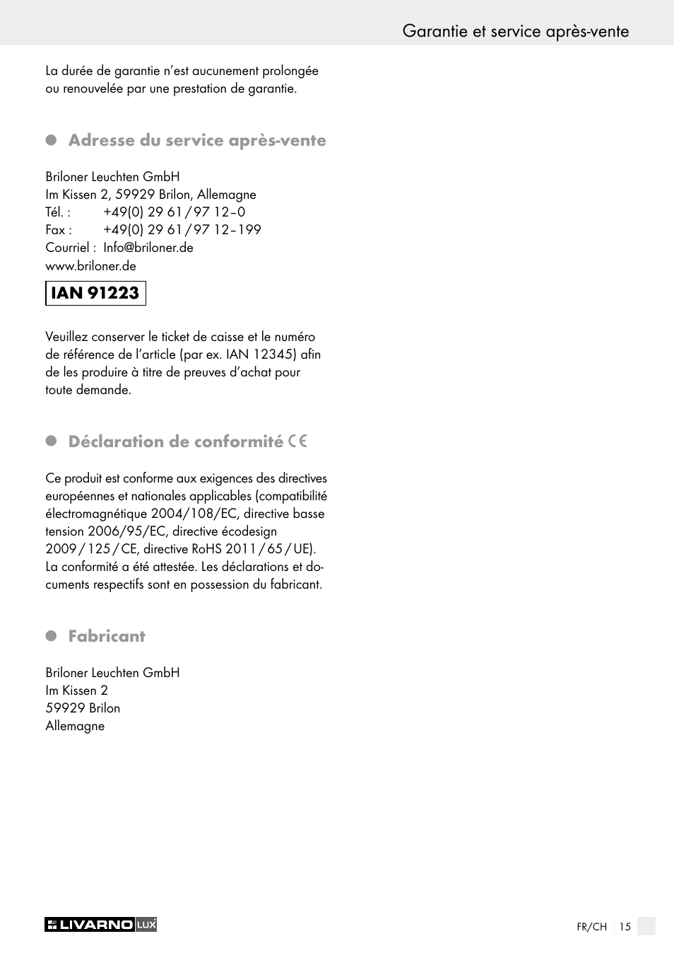 Adresse du service après-vente, Déclaration de conformité, Fabricant | Livarno 2973-01хE User Manual | Page 15 / 37