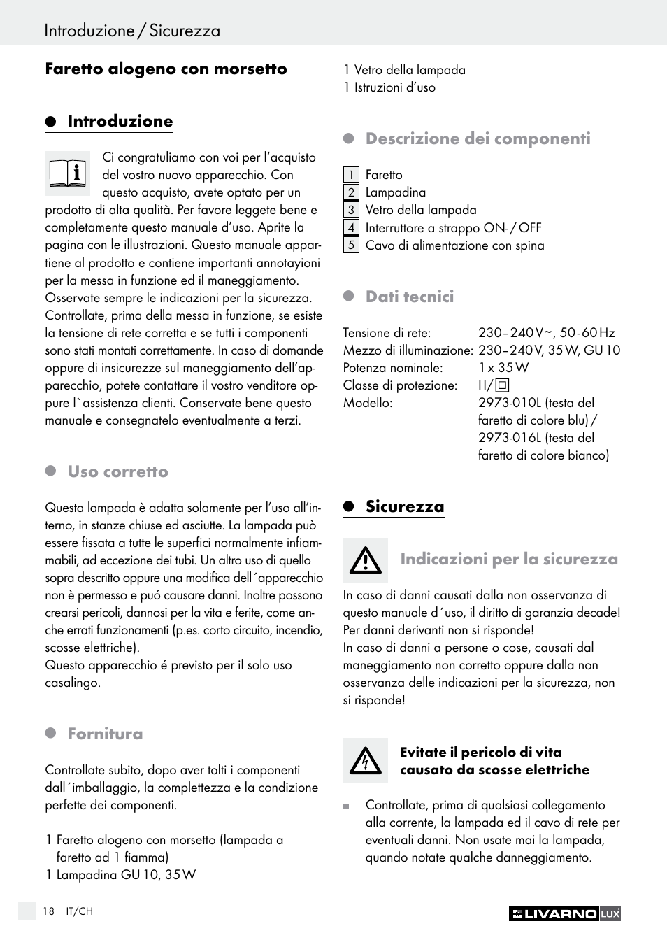 Faretto alogeno con morsetto, Introduzione, Uso corretto | Fornitura, Descrizione dei componenti, Dati tecnici, Sicurezza indicazioni per la sicurezza | Livarno 2973-01хE User Manual | Page 18 / 37