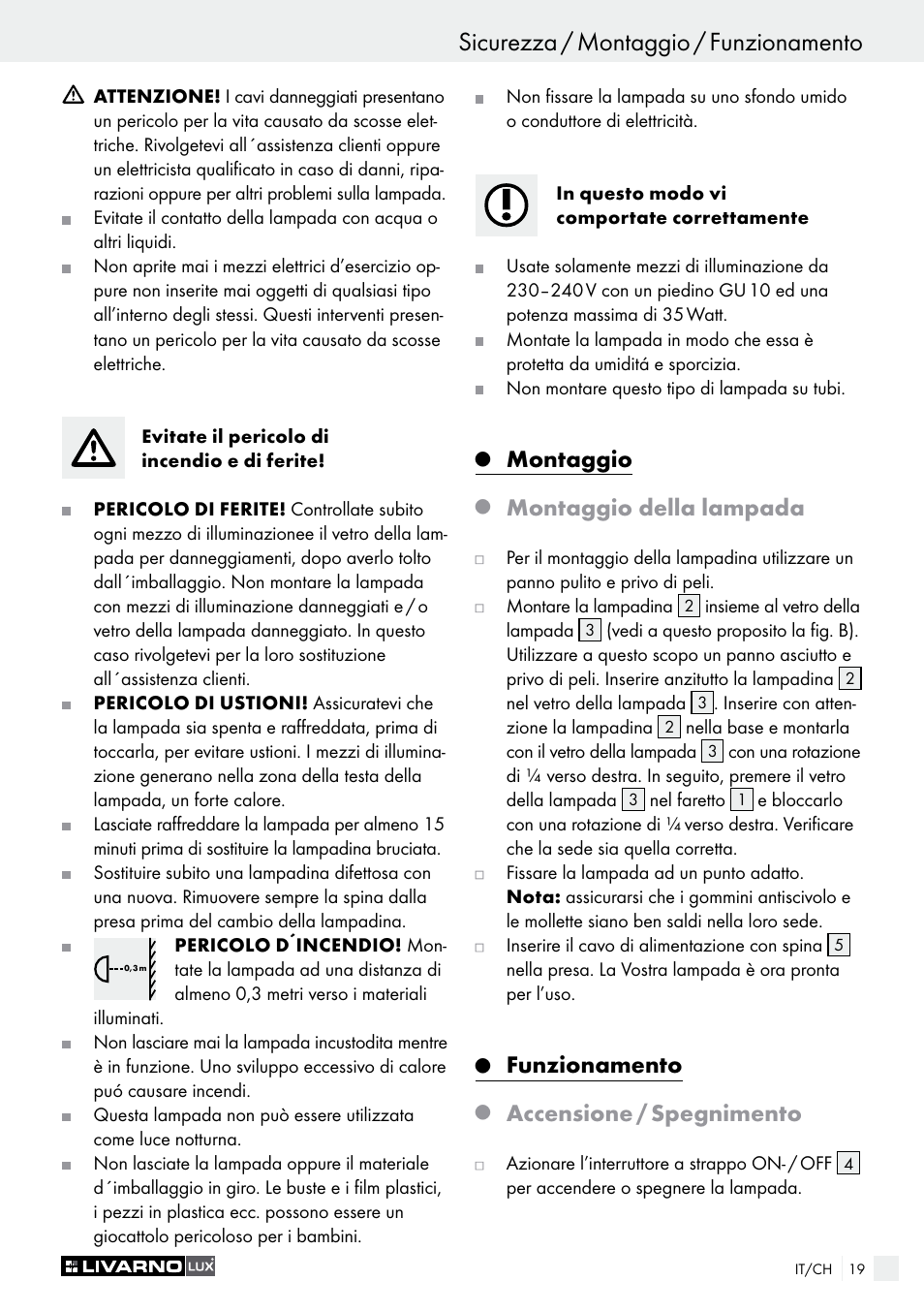 Montaggio, Montaggio della lampada, Funzionamento | Accensione / spegnimento | Livarno 2973-01хE User Manual | Page 19 / 37