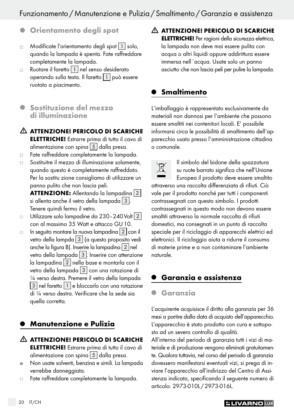 Orientamento degli spot, Sostituzione del mezzo di illuminazione, Manutenzione e pulizia | Smaltimento, Garanzia e assistenza, Garanzia | Livarno 2973-01хE User Manual | Page 20 / 37