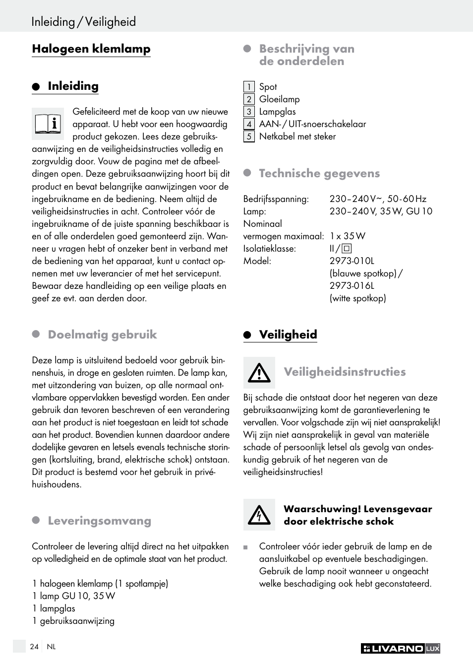 Halogeen klemlamp, Inleiding, Doelmatig gebruik | Leveringsomvang, Beschrijving van de onderdelen, Technische gegevens, Veiligheid veiligheidsinstructies | Livarno 2973-01хE User Manual | Page 24 / 37