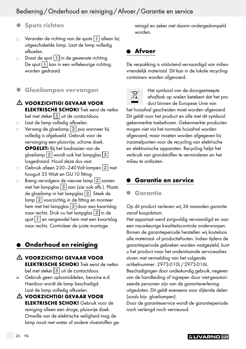 Spots richten, Gloeilampen vervangen, Onderhoud en reiniging | Afvoer, Garantie en service, Garantie | Livarno 2973-01хE User Manual | Page 26 / 37