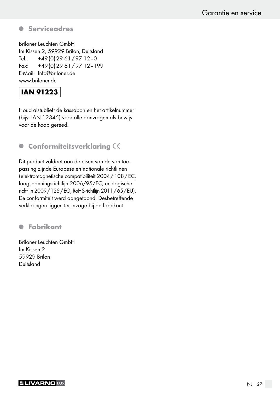 Serviceadres, Conformiteitsverklaring, Fabrikant | Livarno 2973-01хE User Manual | Page 27 / 37