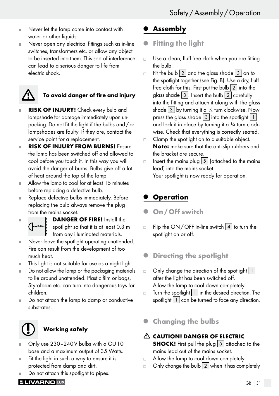 Assembly, Fitting the light, Operation | On / off switch, Directing the spotlight, Changing the bulbs | Livarno 2973-01хE User Manual | Page 31 / 37