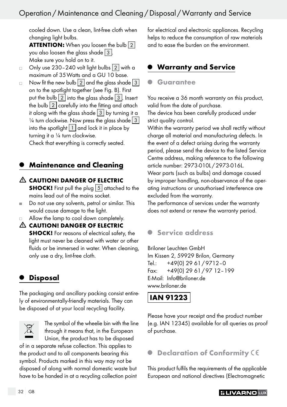 Maintenance and cleaning, Disposal, Warranty and service | Guarantee, Service address, Declaration of conformity | Livarno 2973-01хE User Manual | Page 32 / 37