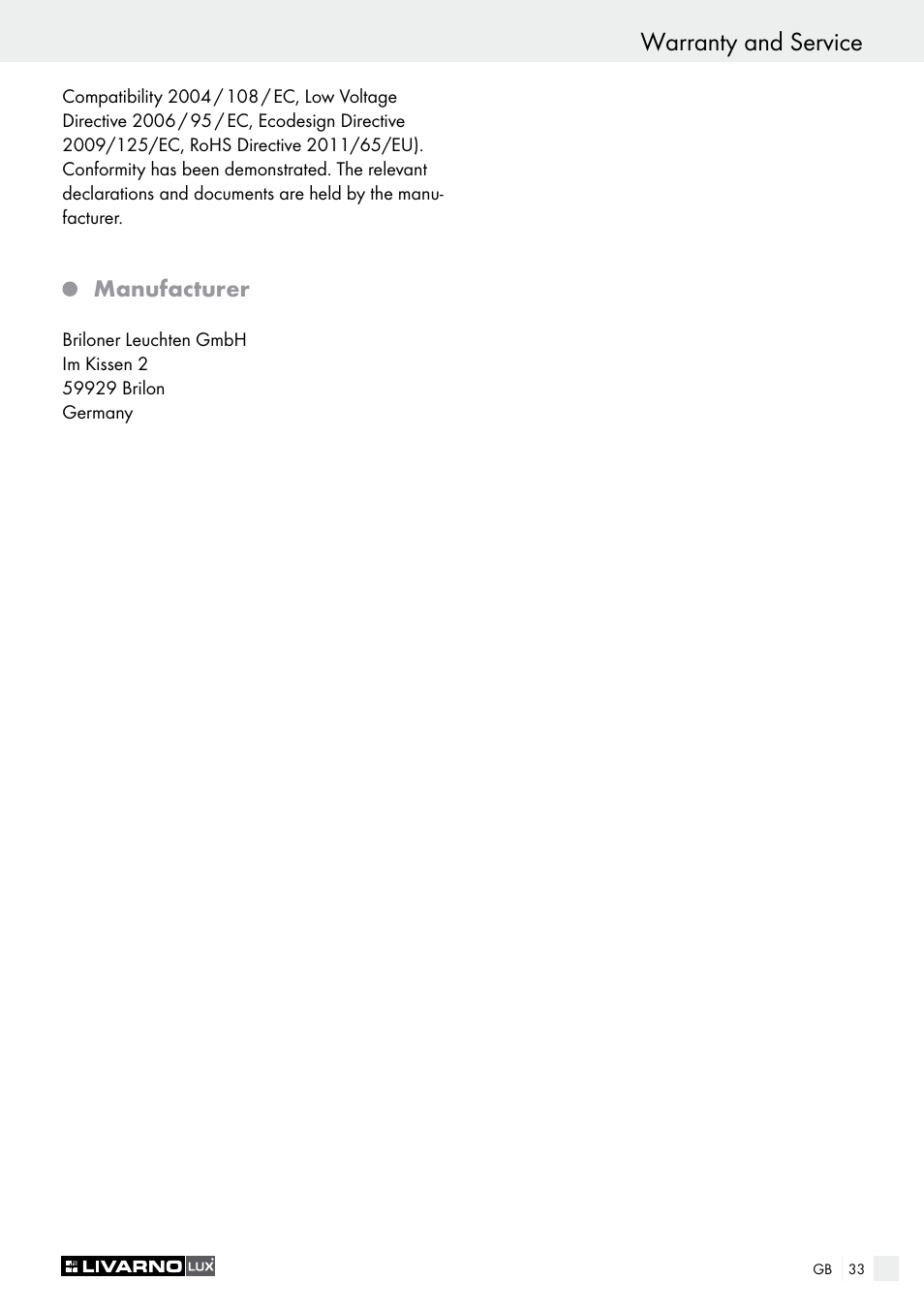 Manufacturer | Livarno 2973-01хE User Manual | Page 33 / 37