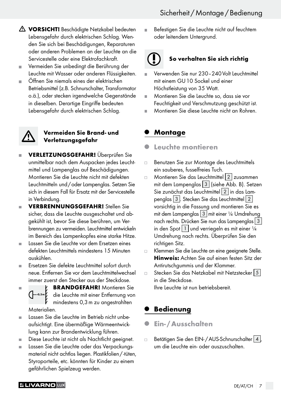 Montage, Leuchte montieren, Bedienung | Ein- / ausschalten | Livarno 2973-01хE User Manual | Page 7 / 37