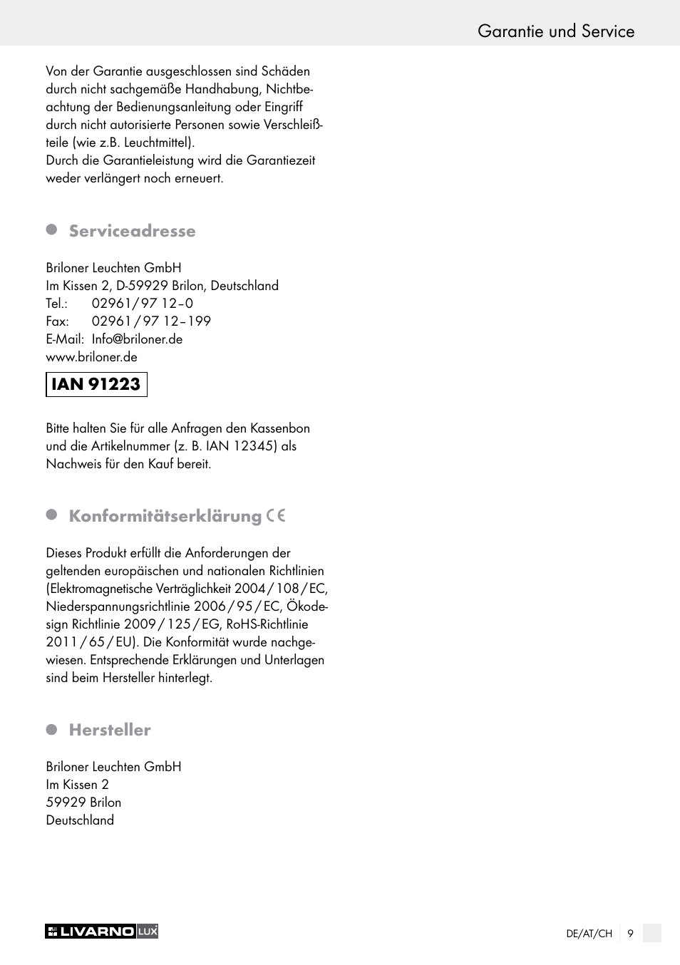 Garantie und service, Serviceadresse, Konformitätserklärung | Hersteller | Livarno 2973-01хE User Manual | Page 9 / 37