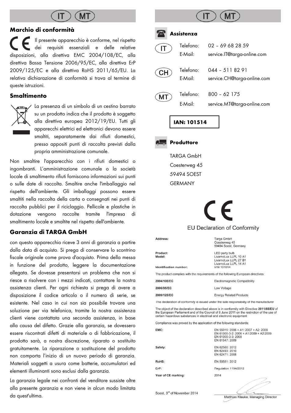 Marchio di conformità, Smaltimento, Garanzia di targa gmbh | Livarno LED PARTY LIGHT User Manual | Page 4 / 10