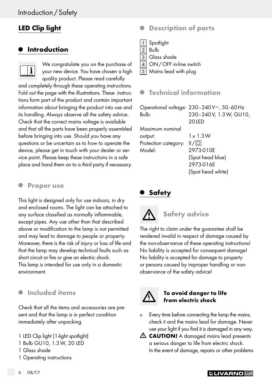 Led clip light, Introduction, Proper use | Included items, Description of parts, Technical information, Safety, Safety advice | Livarno 2973-01хE User Manual | Page 6 / 17