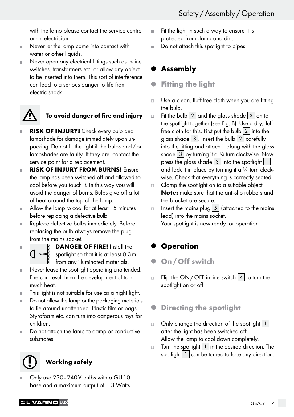 Assembly, Fitting the light, Operation | On / off switch, Directing the spotlight | Livarno 2973-01хE User Manual | Page 7 / 17