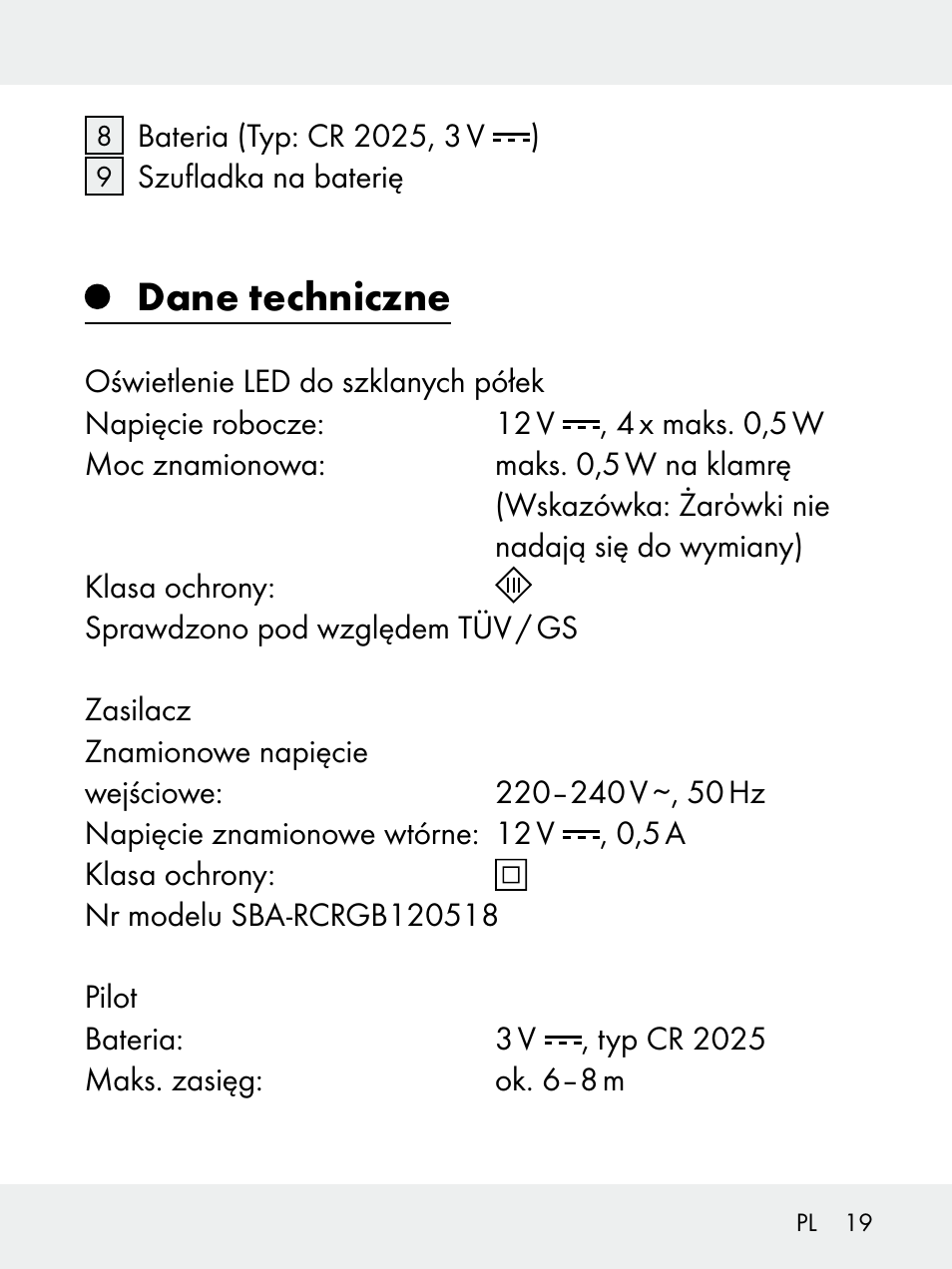 Dane techniczne | Livarno 102618-14-01-BS User Manual | Page 19 / 105