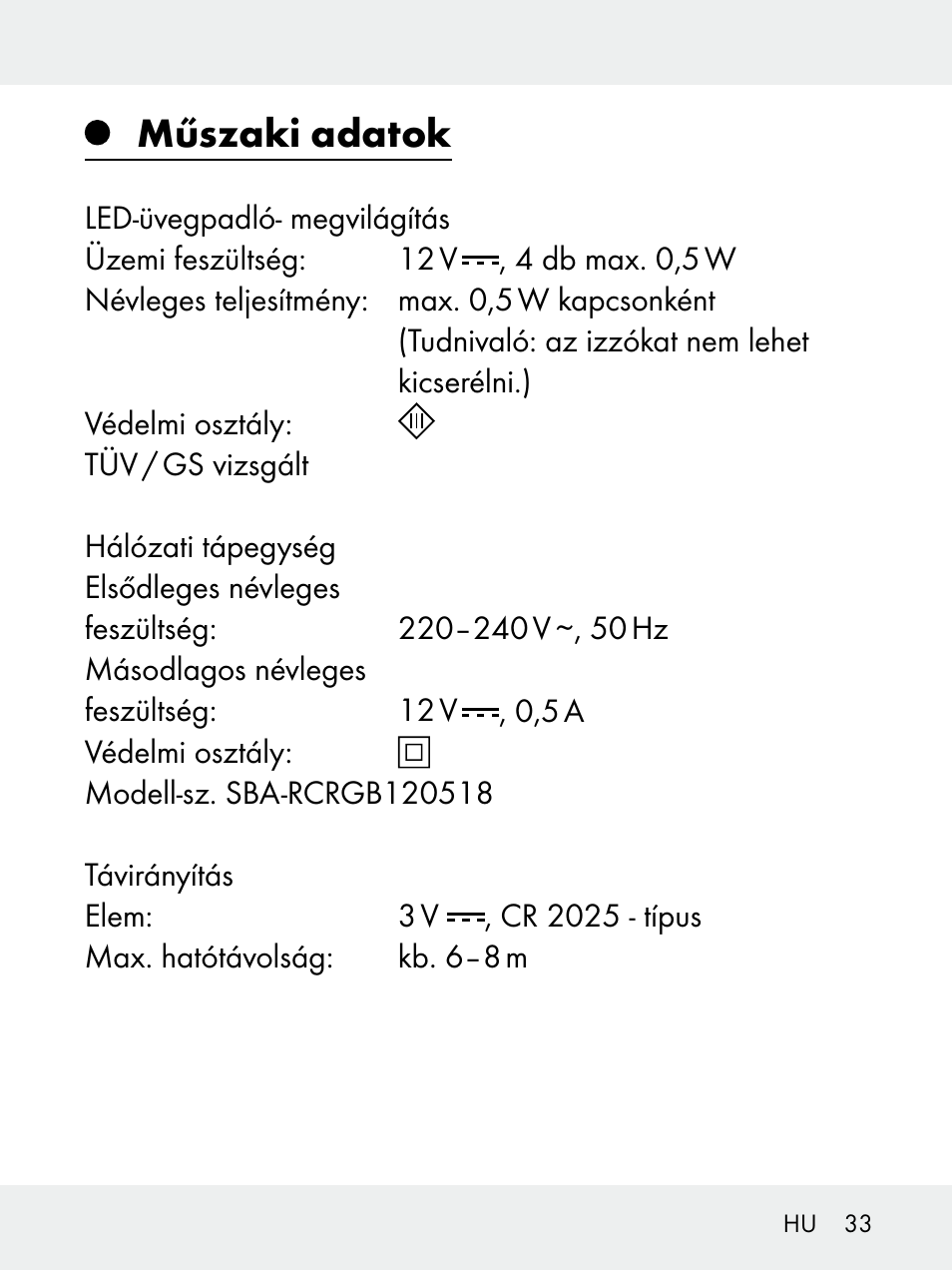 Műszaki adatok | Livarno 102618-14-01-BS User Manual | Page 33 / 105