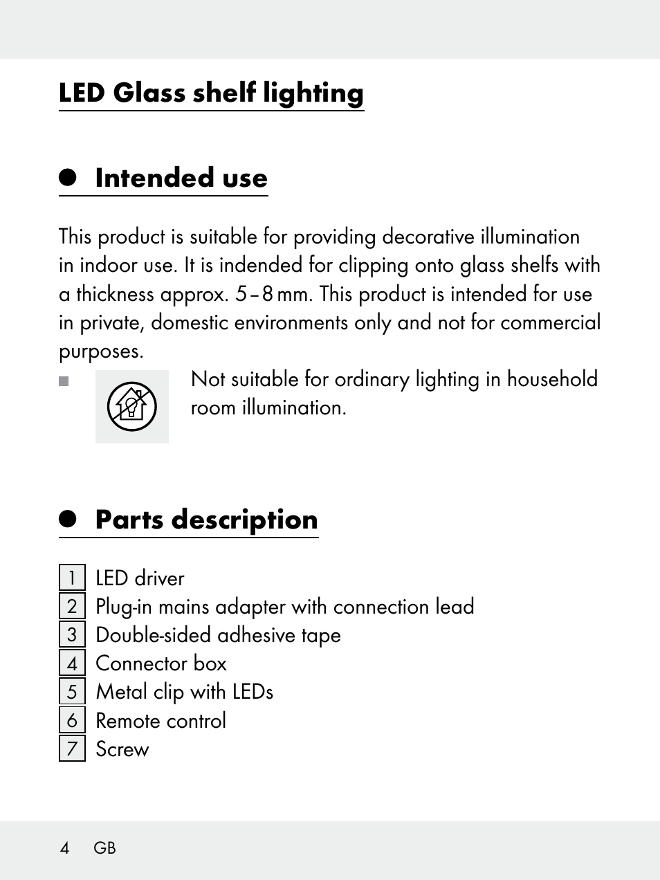 Led glass shelf lighting, Intended use, Parts description | Livarno 102618-14-01-BS User Manual | Page 4 / 105