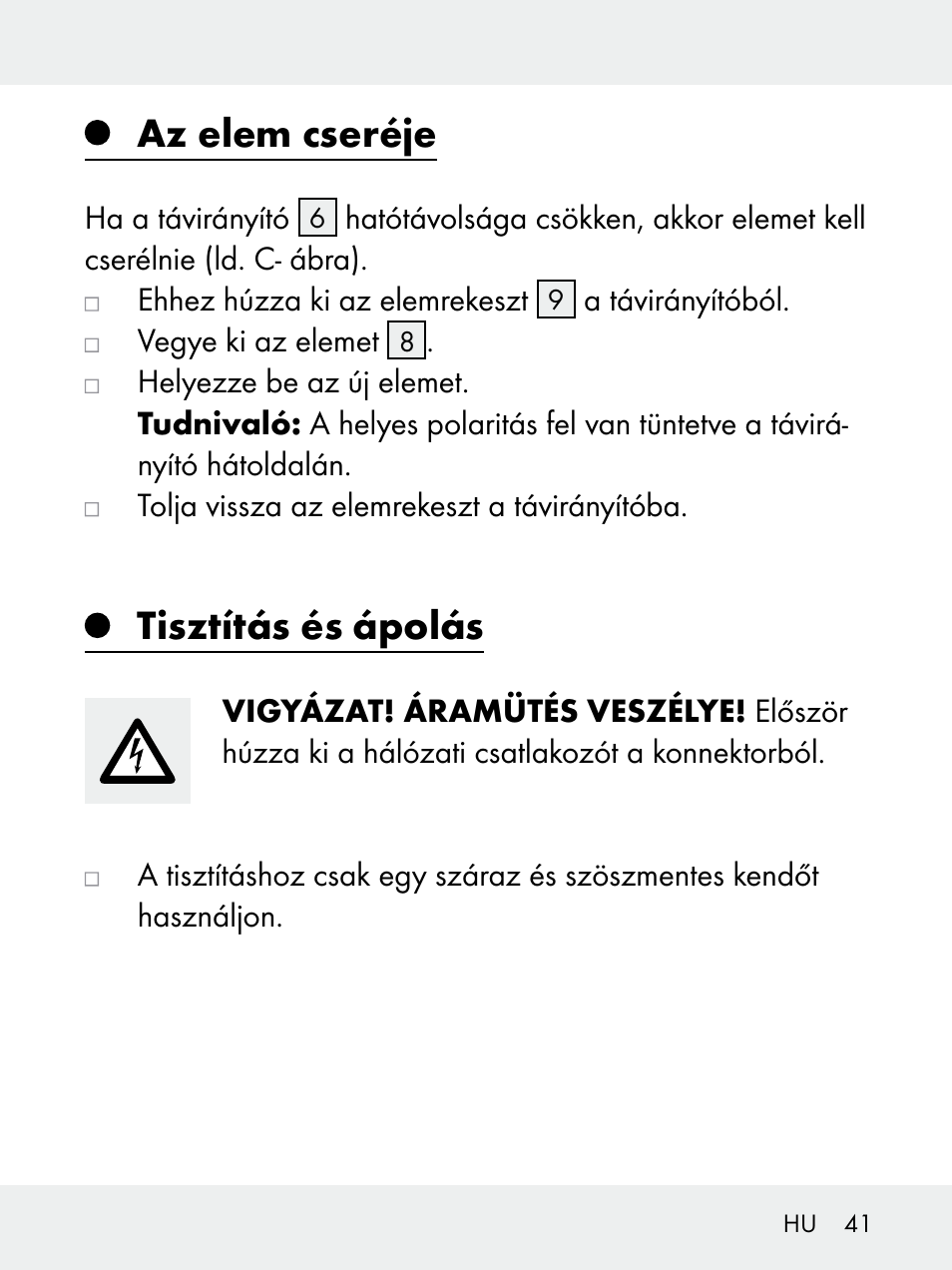 Az elem cseréje, Tisztítás és ápolás | Livarno 102618-14-01-BS User Manual | Page 41 / 105