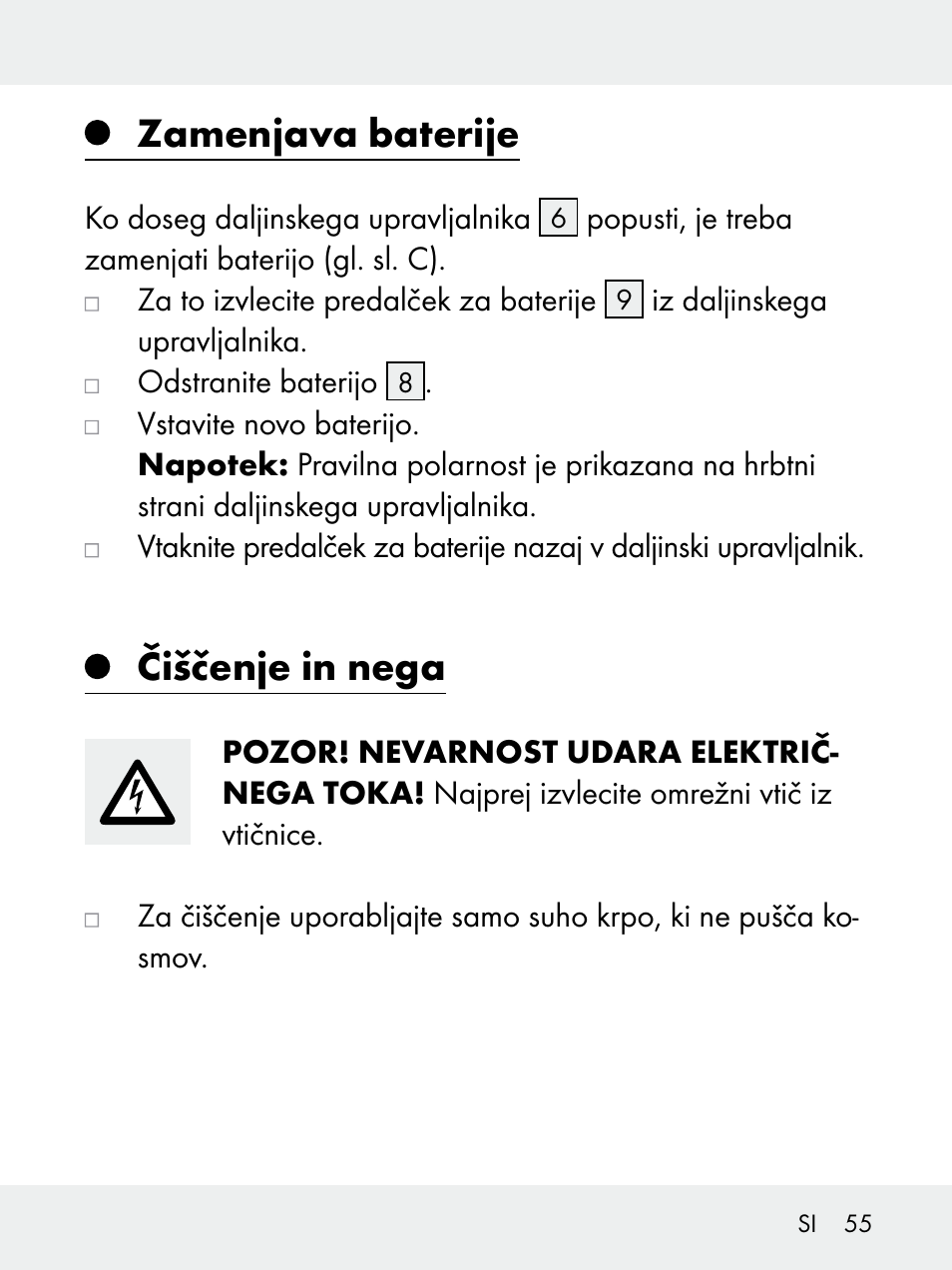 Zamenjava baterije, Čiščenje in nega | Livarno 102618-14-01-BS User Manual | Page 55 / 105