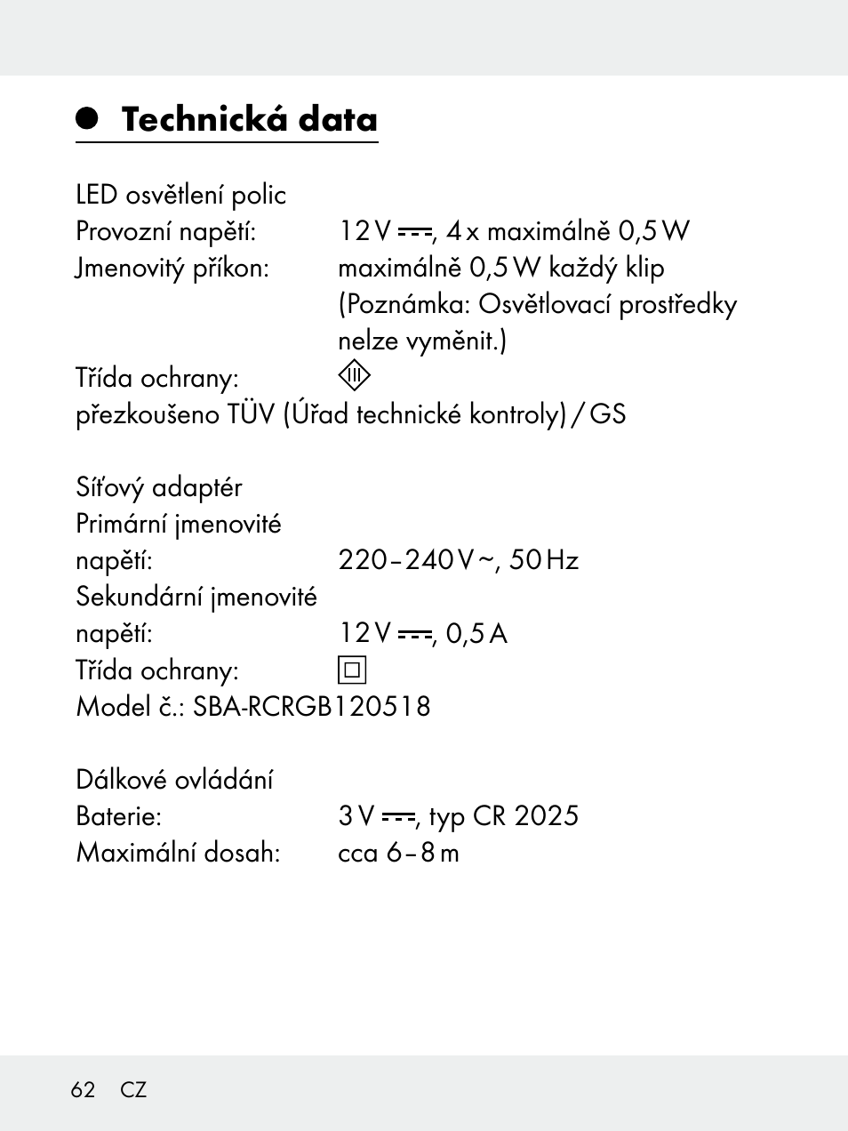 Technická data | Livarno 102618-14-01-BS User Manual | Page 62 / 105