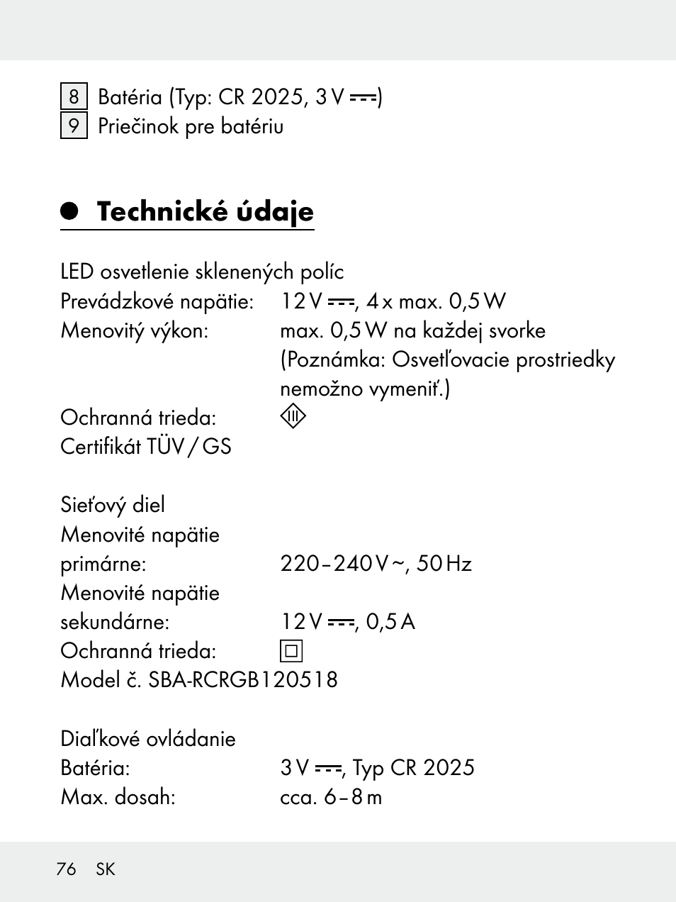 Technické údaje | Livarno 102618-14-01-BS User Manual | Page 76 / 105