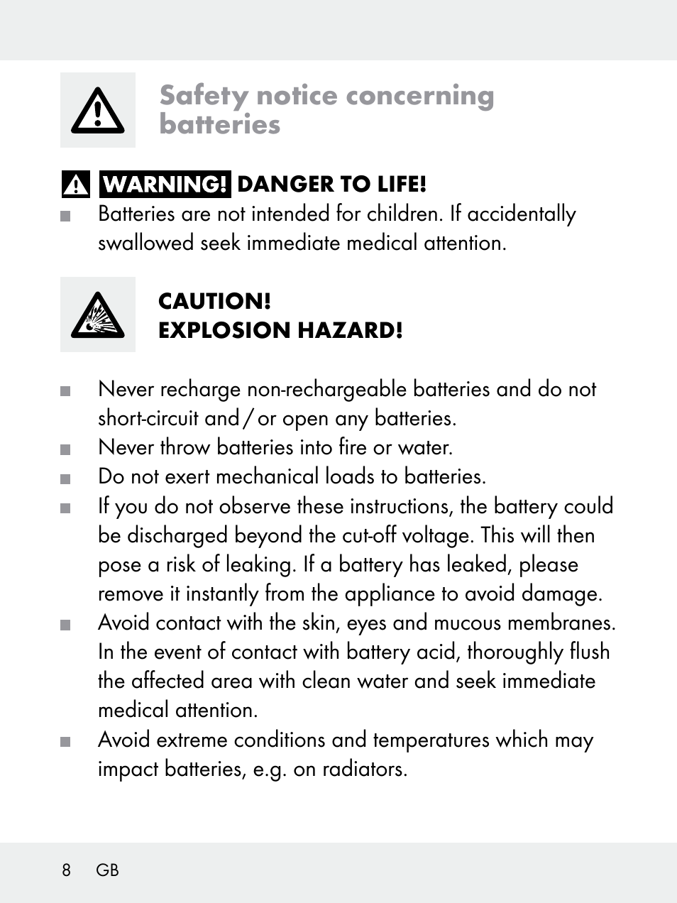 Safety notice concerning batteries | Livarno 102618-14-01-BS User Manual | Page 8 / 105