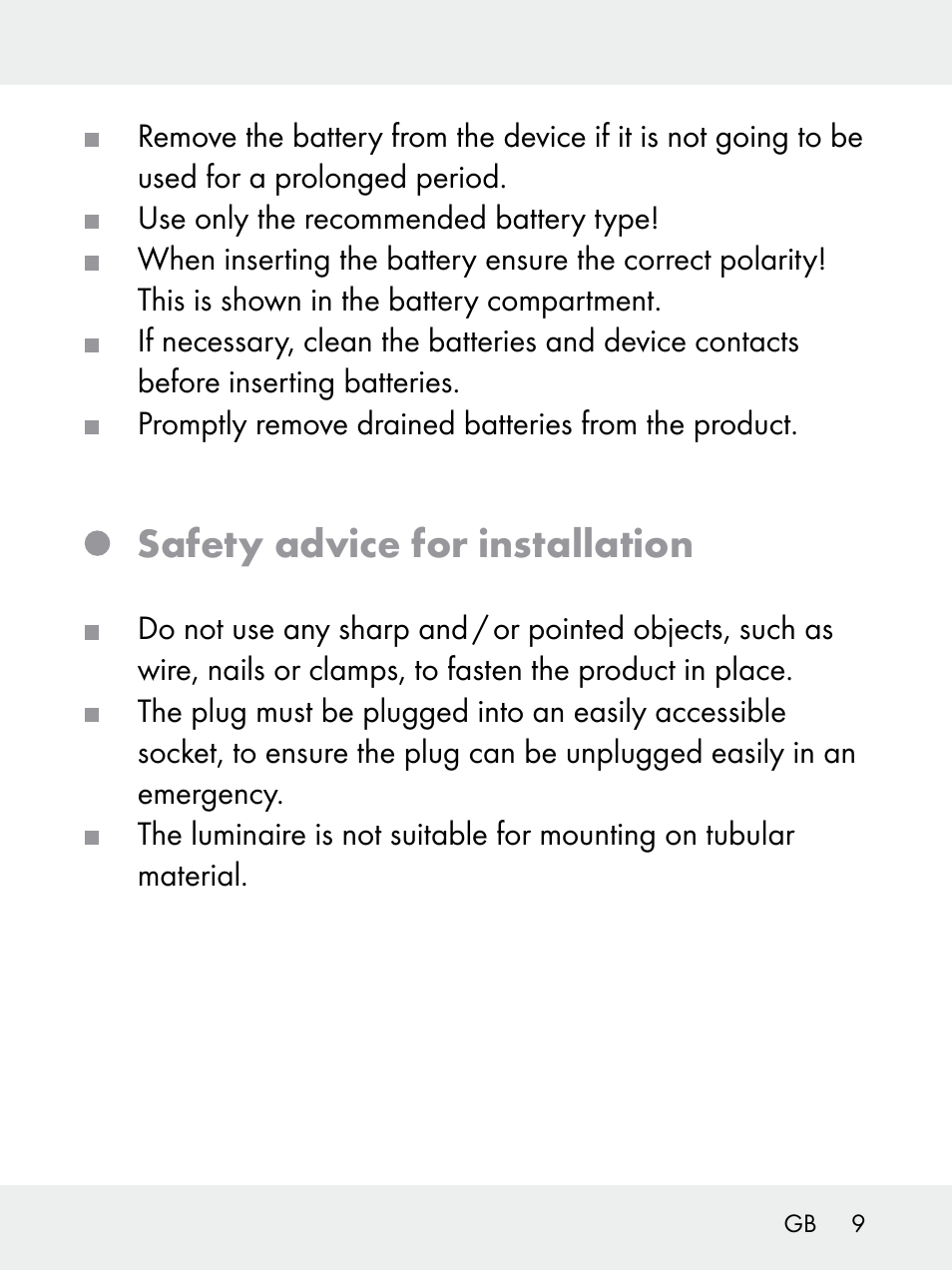 Safety advice for installation | Livarno 102618-14-01-BS User Manual | Page 9 / 105