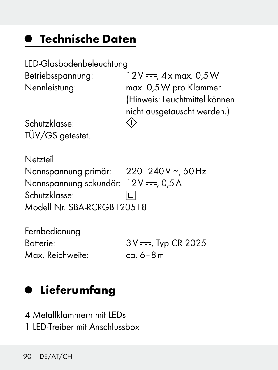 Technische daten, Lieferumfang | Livarno 102618-14-01-BS User Manual | Page 90 / 105