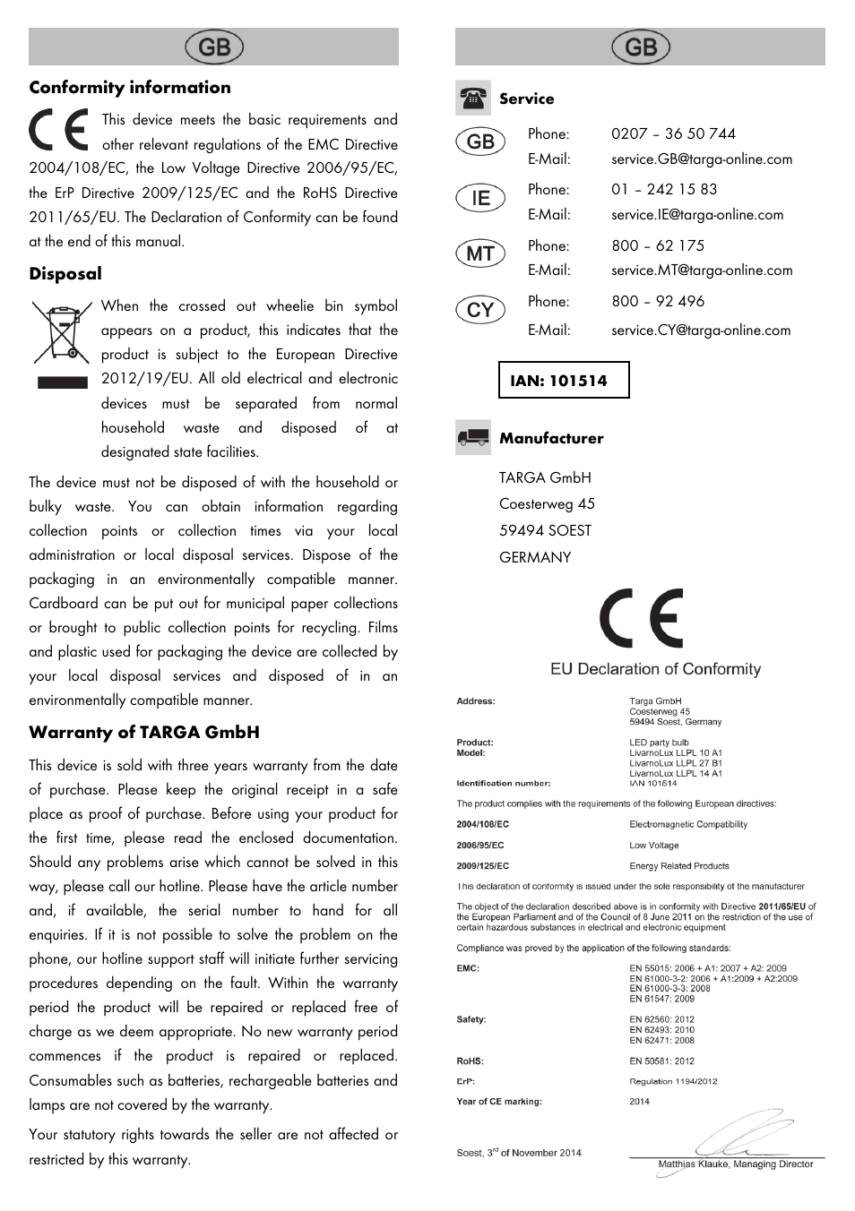 Conformity information, Disposal, Warranty of targa gmbh | Livarno LED PARTY LIGHT User Manual | Page 2 / 14