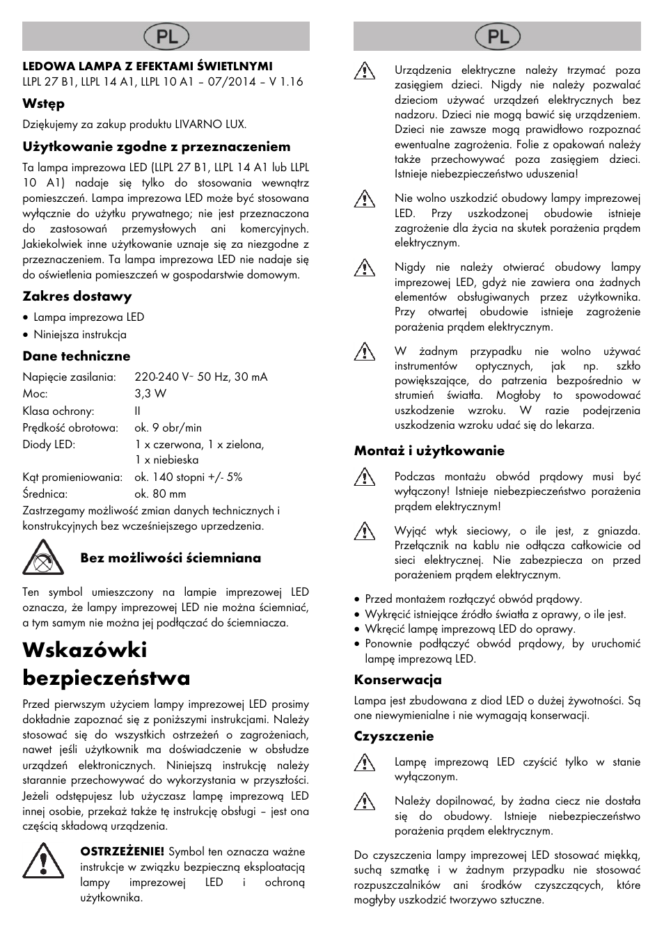 Wskazówki bezpieczeństwa | Livarno LED PARTY LIGHT User Manual | Page 3 / 14