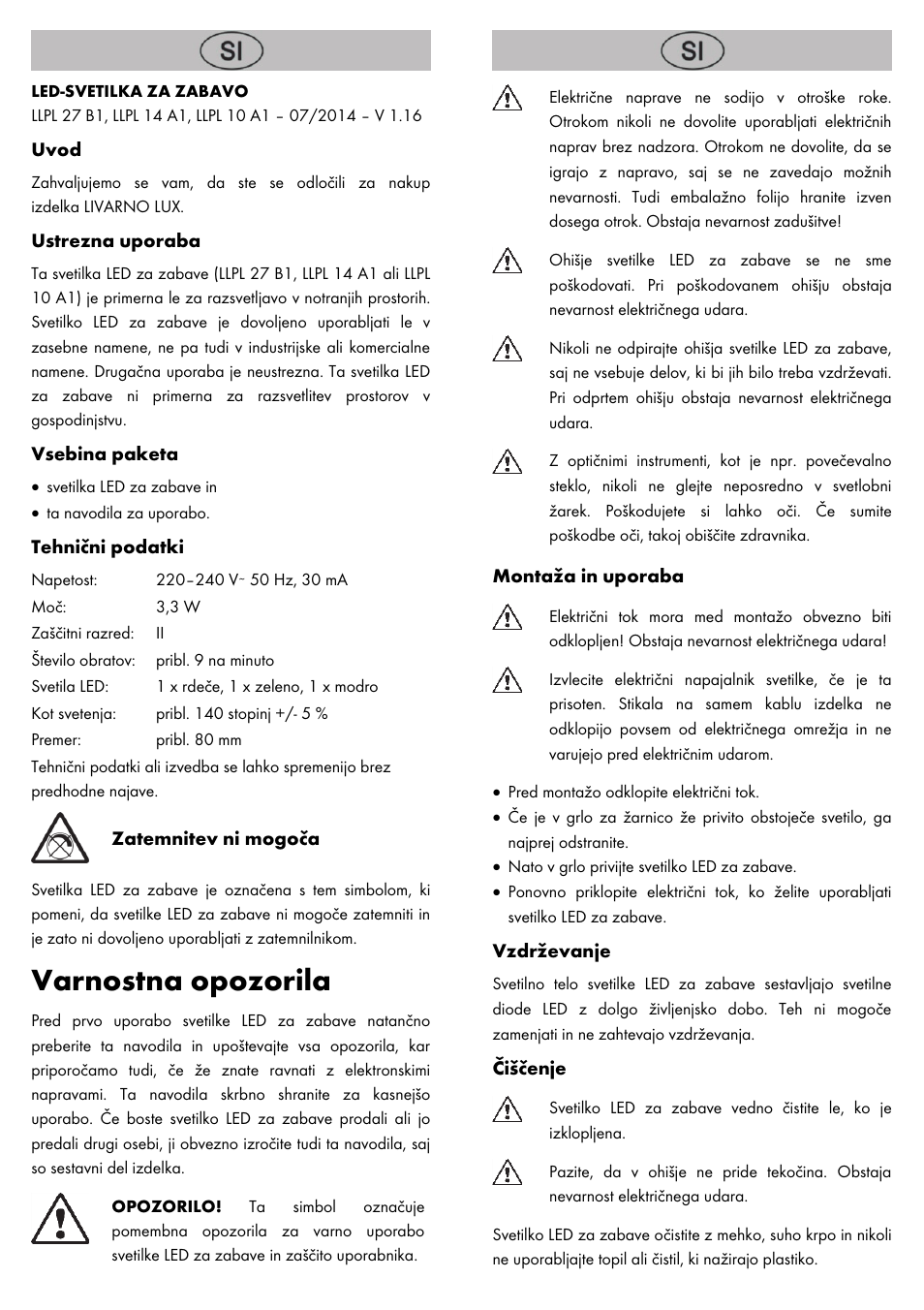 Varnostna opozorila | Livarno LED PARTY LIGHT User Manual | Page 7 / 14