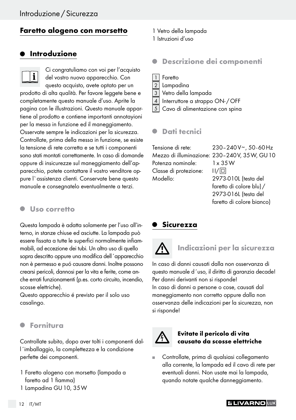 Introduzione / sicurezza, Faretto alogeno con morsetto, Introduzione | Uso corretto, Fornitura, Descrizione dei componenti, Dati tecnici, Sicurezza indicazioni per la sicurezza | Livarno 2973-01хE User Manual | Page 12 / 37