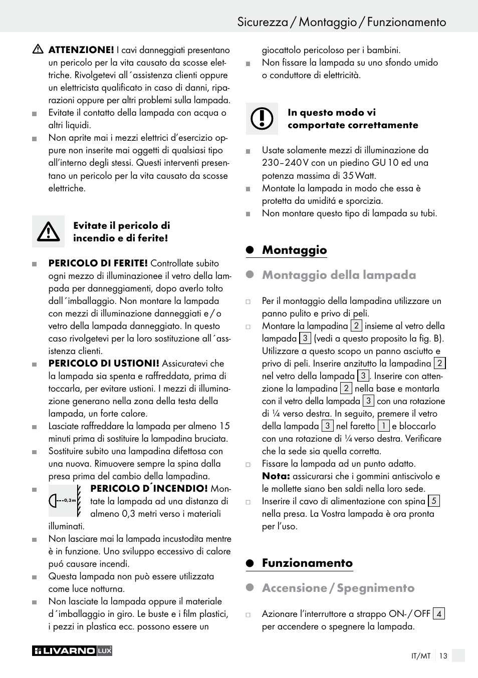 Sicurezza / montaggio / funzionamento, Montaggio, Montaggio della lampada | Funzionamento, Accensione / spegnimento | Livarno 2973-01хE User Manual | Page 13 / 37