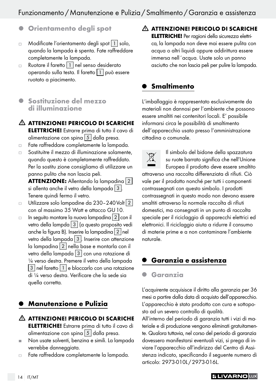 Orientamento degli spot, Sostituzione del mezzo di illuminazione, Manutenzione e pulizia | Smaltimento, Garanzia e assistenza, Garanzia | Livarno 2973-01хE User Manual | Page 14 / 37