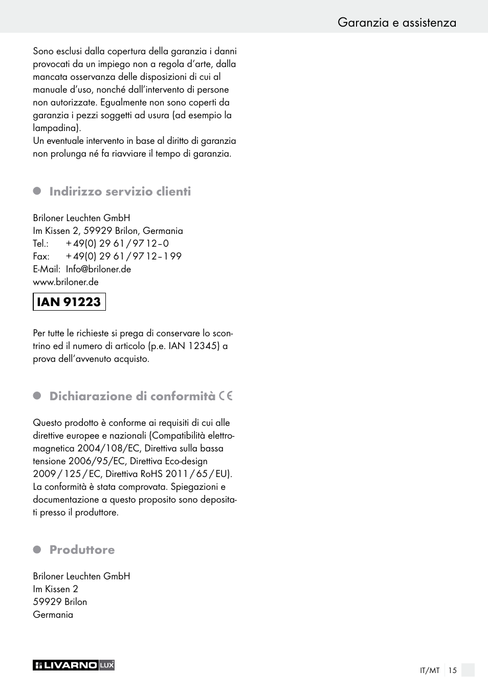 Garanzia e assistenza, Indirizzo servizio clienti, Dichiarazione di conformità | Produttore | Livarno 2973-01хE User Manual | Page 15 / 37