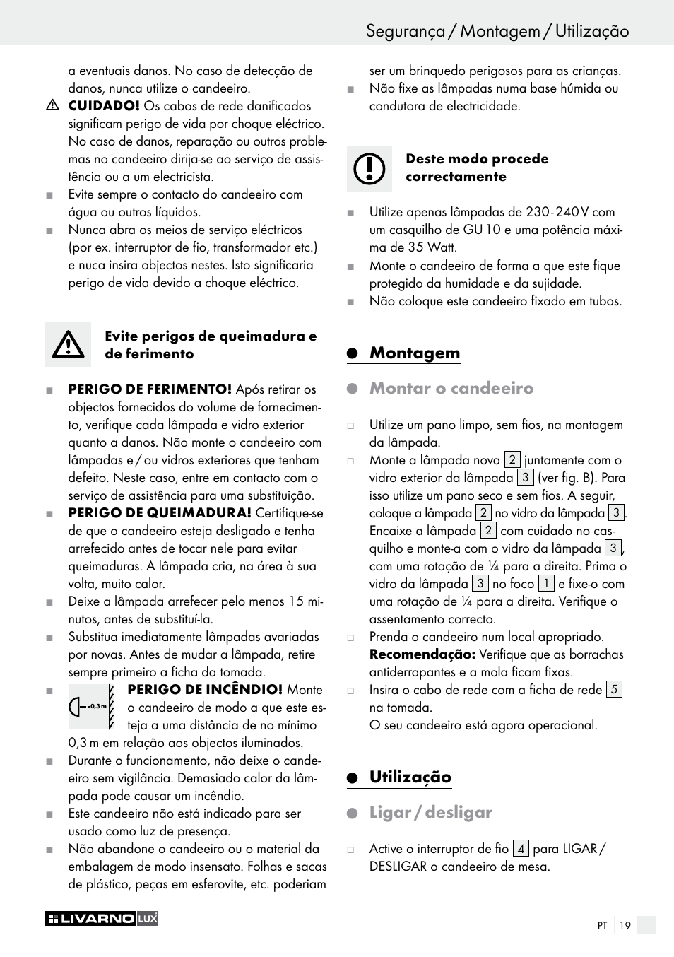 Segurança / montagem / utilização, Montagem, Montar o candeeiro | Utilização, Ligar / desligar | Livarno 2973-01хE User Manual | Page 19 / 37