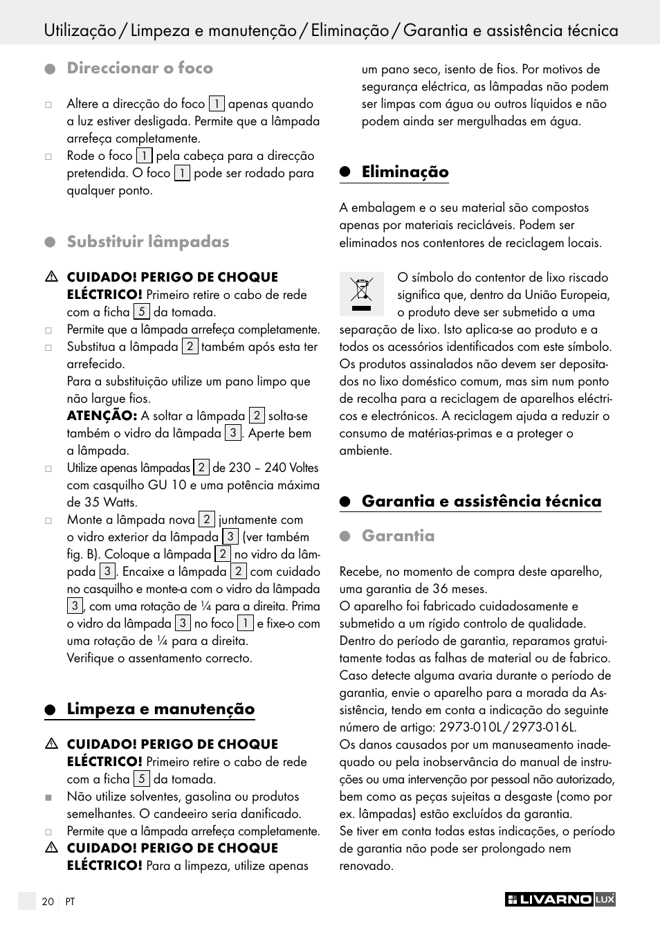 Direccionar o foco, Substituir lâmpadas, Limpeza e manutenção | Eliminação, Garantia e assistência técnica, Garantia | Livarno 2973-01хE User Manual | Page 20 / 37