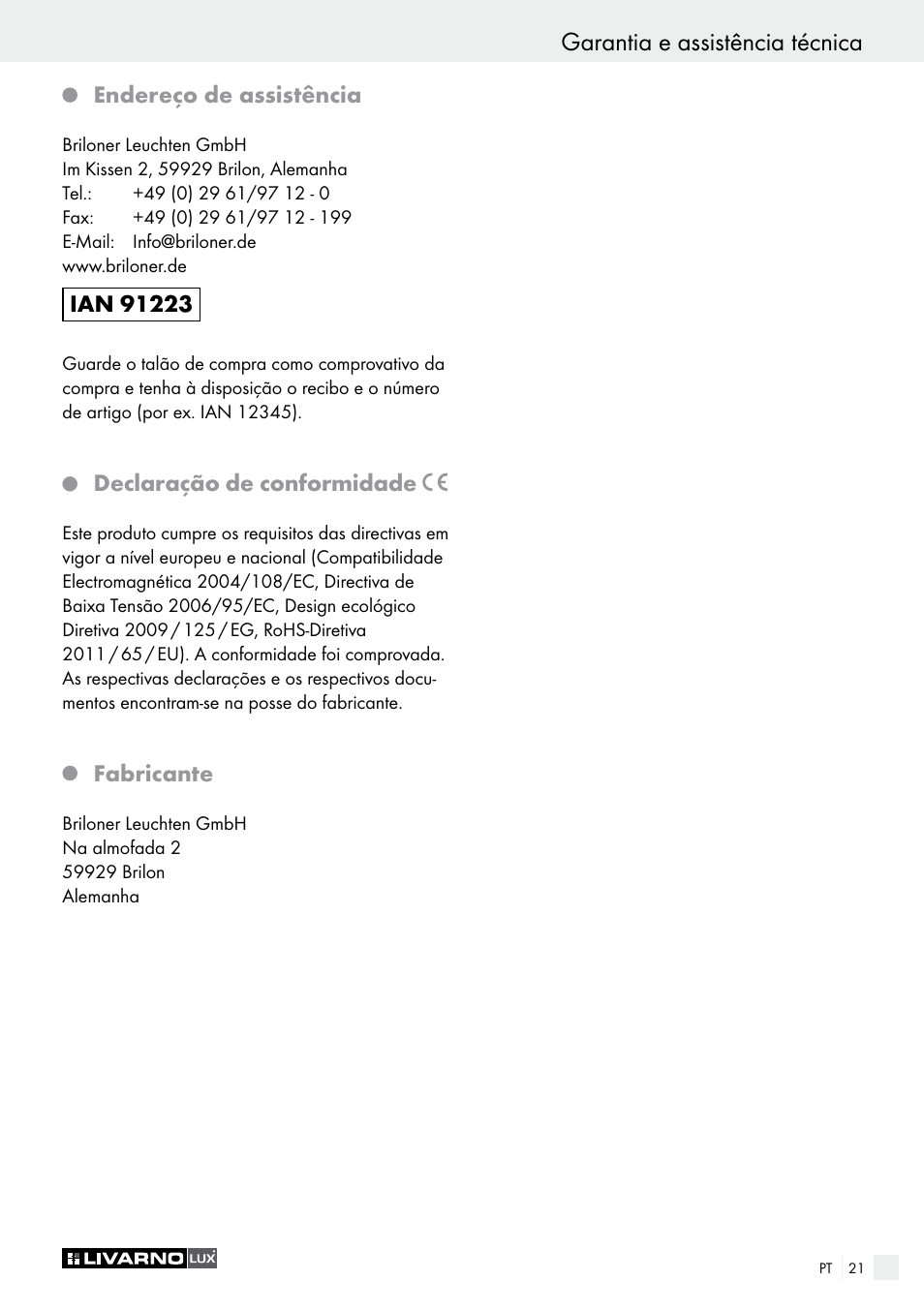 Garantia e assistência técnica, Endereço de assistência, Declaração de conformidade | Fabricante | Livarno 2973-01хE User Manual | Page 21 / 37