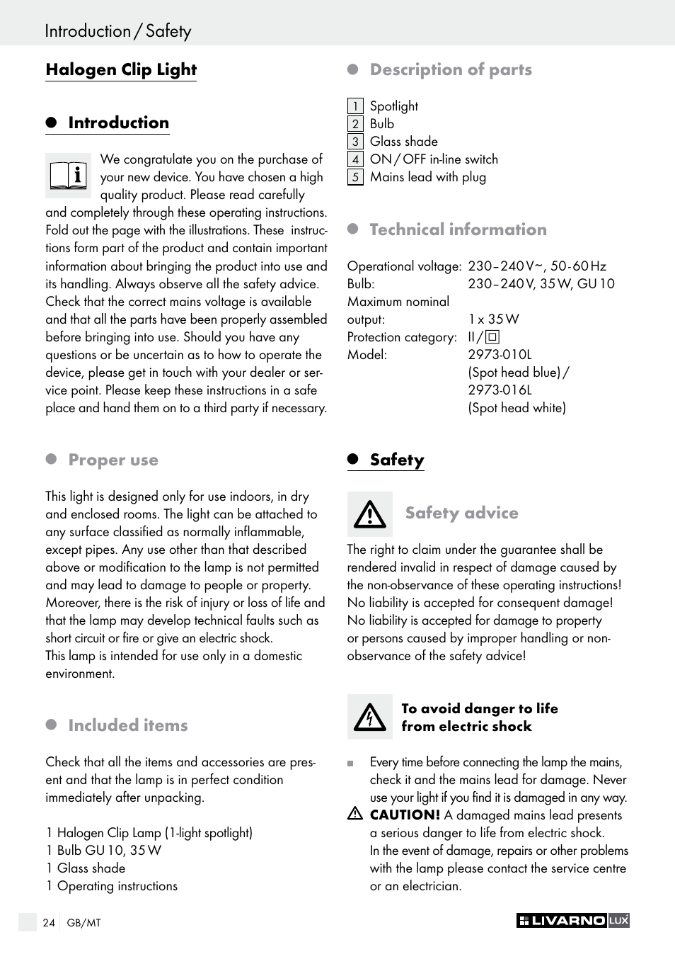 Introduction / safety, Halogen clip light, Introduction | Proper use, Included items, Description of parts, Technical information, Safety, Safety advice | Livarno 2973-01хE User Manual | Page 24 / 37