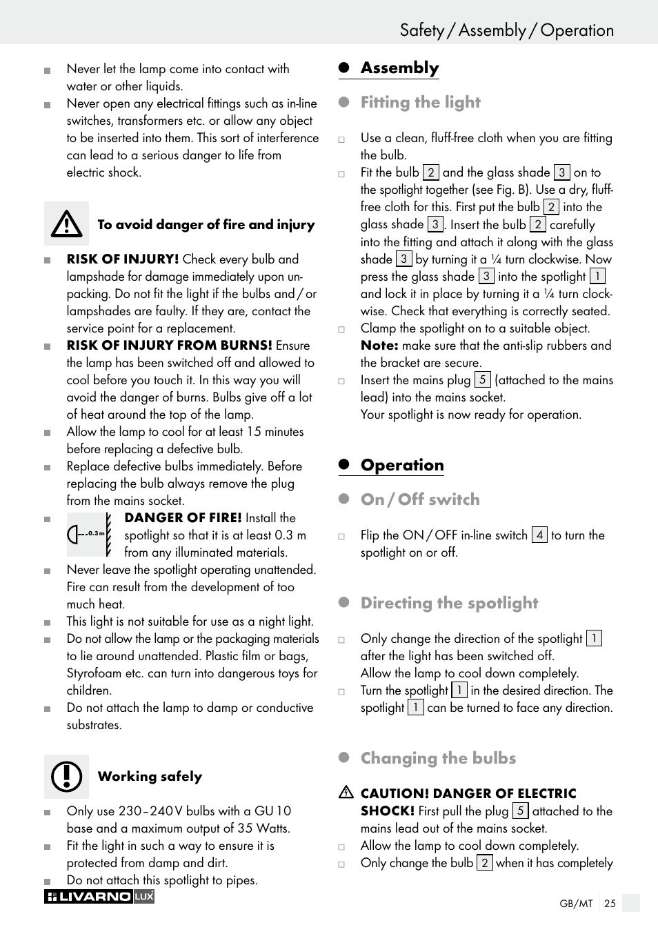 Safety / assembly / operation, Assembly, Fitting the light | Operation, On / off switch, Directing the spotlight, Changing the bulbs | Livarno 2973-01хE User Manual | Page 25 / 37