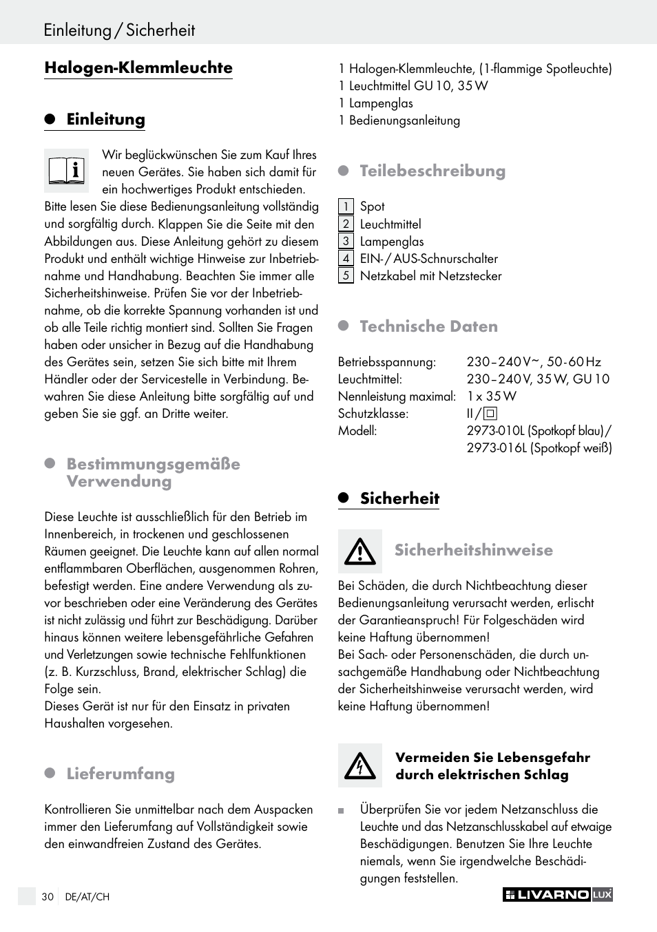 Einleitung / sicherheit, Halogen-klemmleuchte, Einleitung | Bestimmungsgemäße verwendung, Lieferumfang, Teilebeschreibung, Technische daten, Sicherheit sicherheitshinweise | Livarno 2973-01хE User Manual | Page 30 / 37