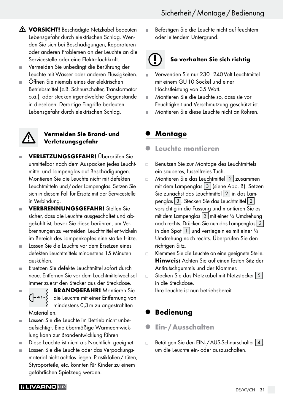 Sicherheit / montage / bedienung, Montage, Leuchte montieren | Bedienung, Ein- / ausschalten | Livarno 2973-01хE User Manual | Page 31 / 37