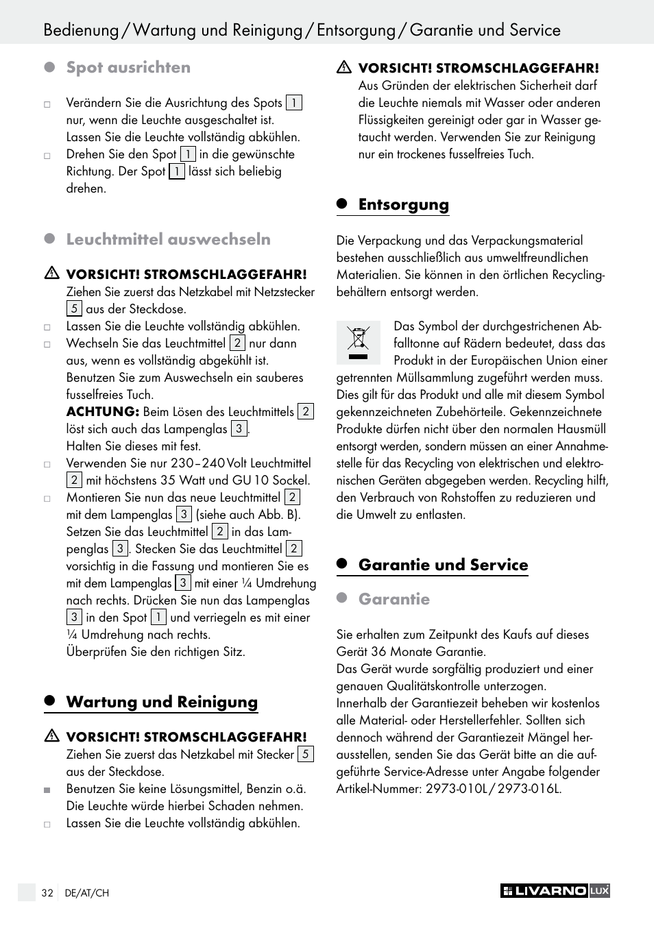 Spot ausrichten, Leuchtmittel auswechseln, Wartung und reinigung | Entsorgung, Garantie und service, Garantie | Livarno 2973-01хE User Manual | Page 32 / 37