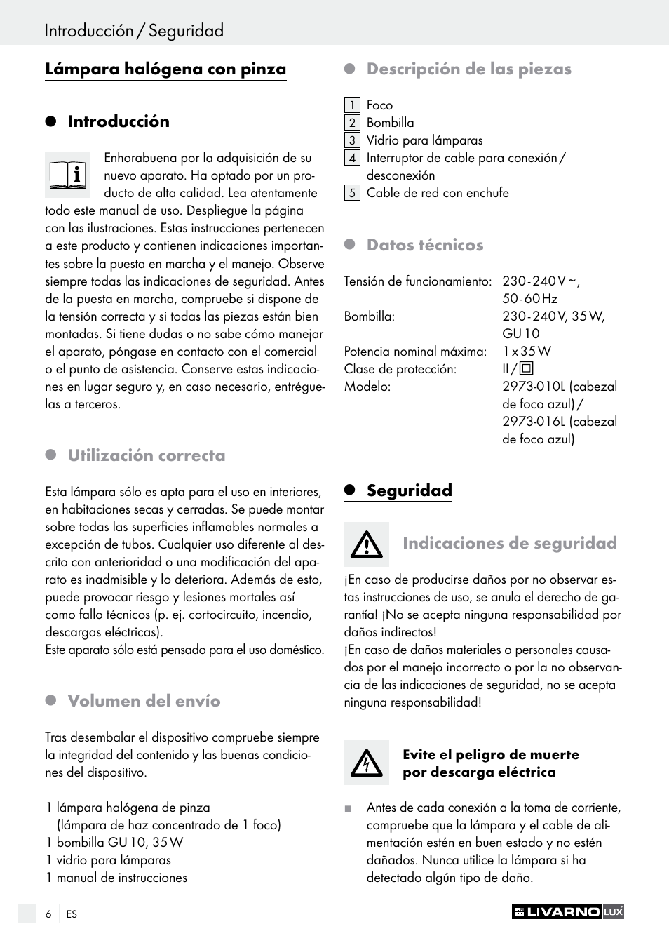 Introducción / seguridad, Lámpara halógena con pinza, Introducción | Utilización correcta, Volumen del envío, Descripción de las piezas, Datos técnicos, Seguridad indicaciones de seguridad | Livarno 2973-01хE User Manual | Page 6 / 37
