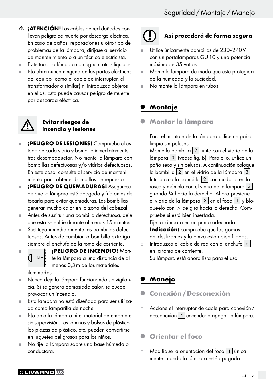 Seguridad / montaje / manejo, Montaje, Montar la lámpara | Manejo, Conexión / desconexión, Orientar el foco | Livarno 2973-01хE User Manual | Page 7 / 37