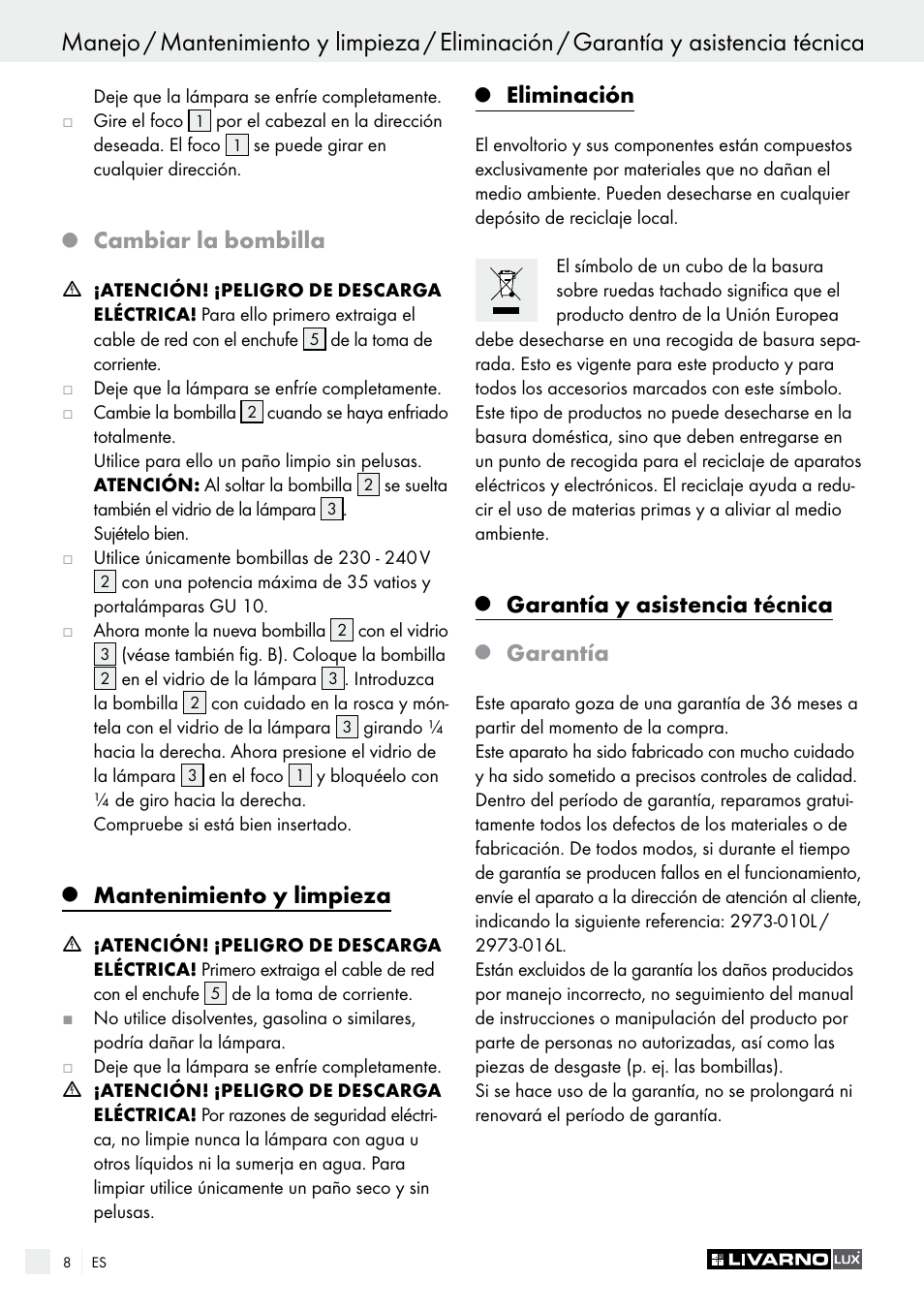 Cambiar la bombilla, Mantenimiento y limpieza, Eliminación | Garantía y asistencia técnica, Garantía | Livarno 2973-01хE User Manual | Page 8 / 37