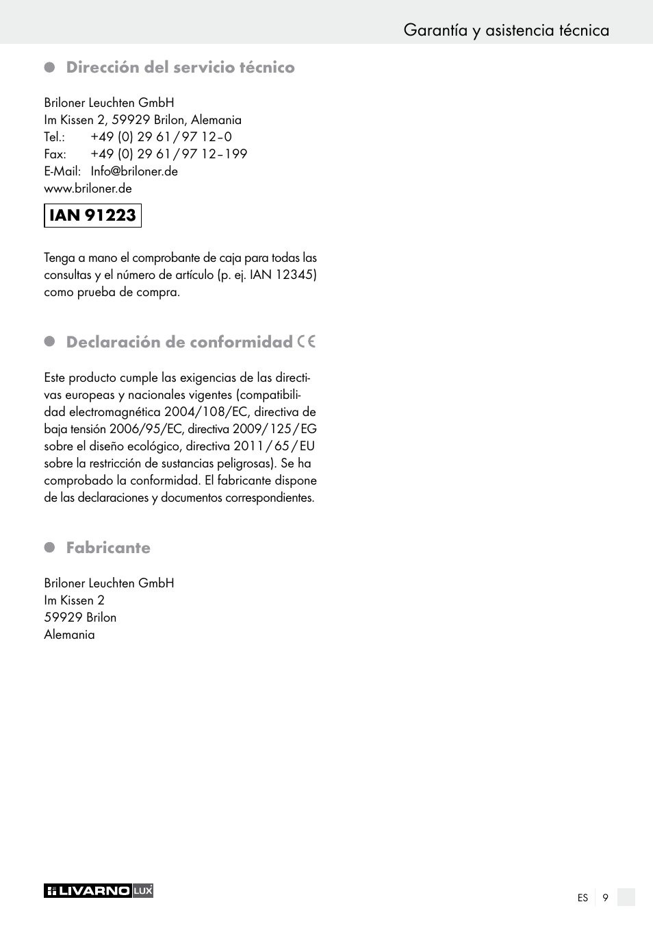 Garantía y asistencia técnica, Dirección del servicio técnico, Declaración de conformidad | Fabricante | Livarno 2973-01хE User Manual | Page 9 / 37