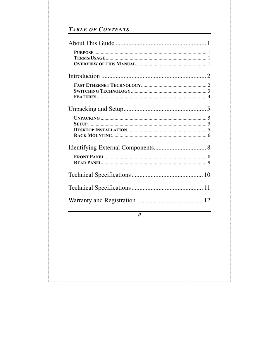 About this guide, Introduction, Unpacking and setup | Identifying external components, Technical specifications, Warranty and registration | D-Link DES-1024D User Manual | Page 2 / 17